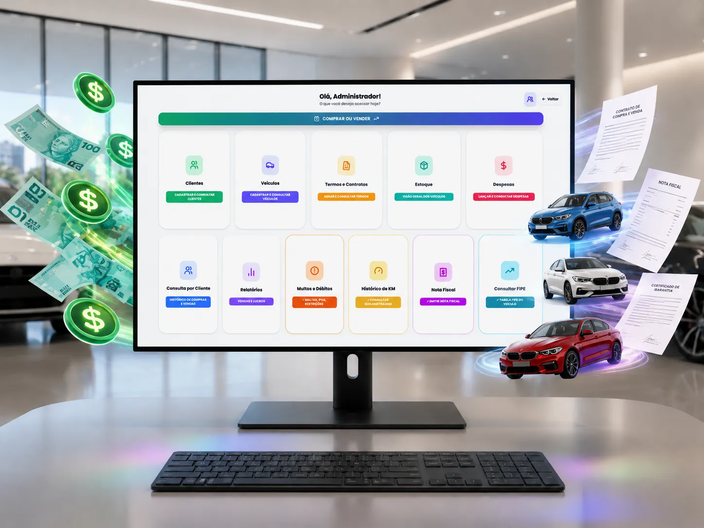Painel do Auto no Controle no computador, mostrando o resumo da loja de carros